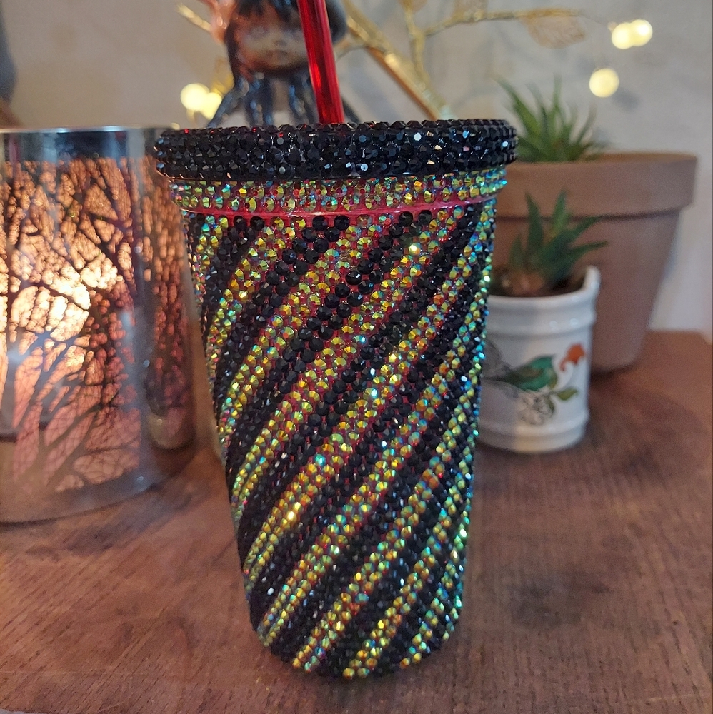 Rhinestone tumbler Black and Green with red undertone 16 oz